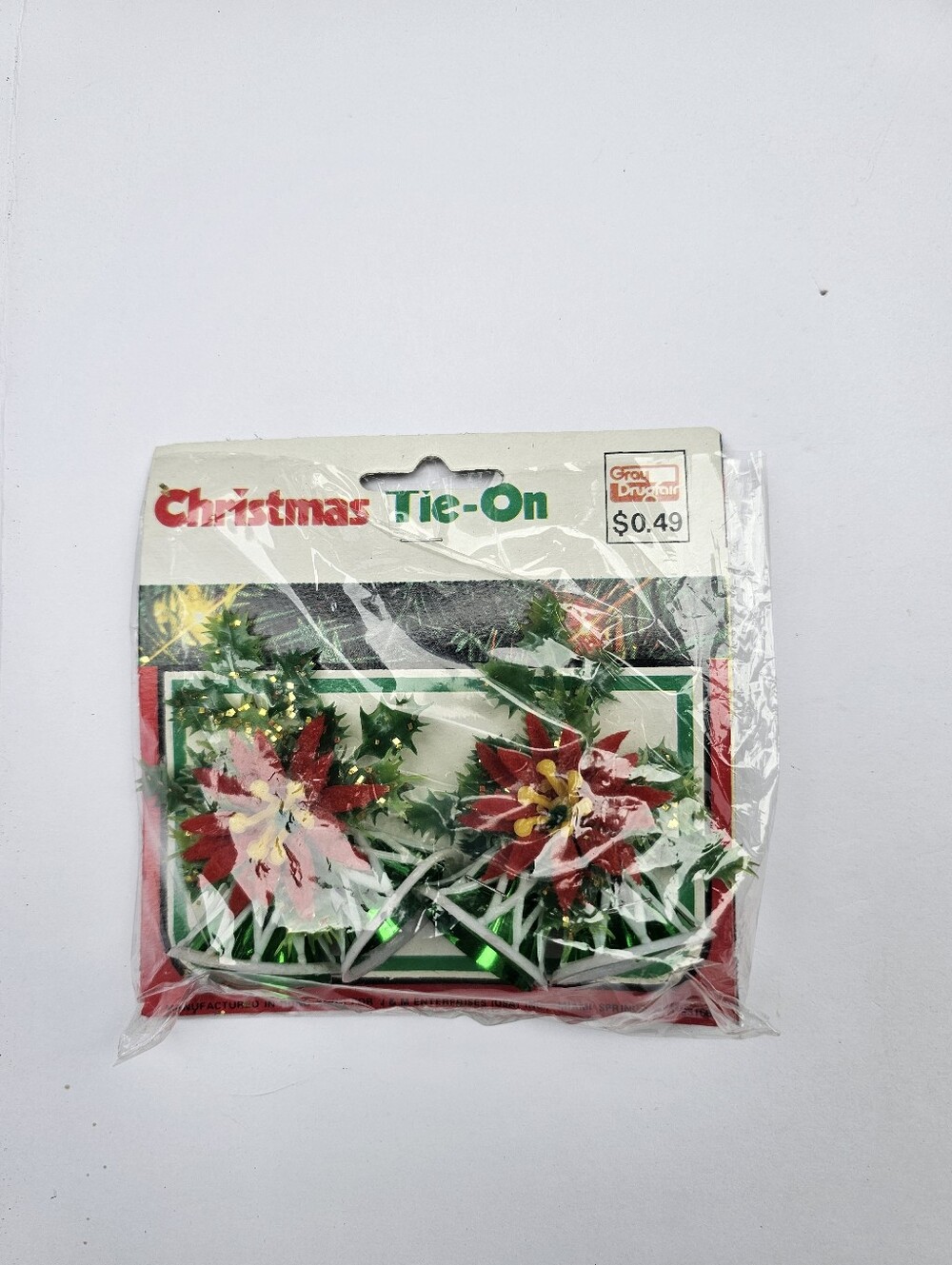 Vintage Christmas Package Wrapping Tree Ornament Tie-Ons Bells Poinsettia NOS
